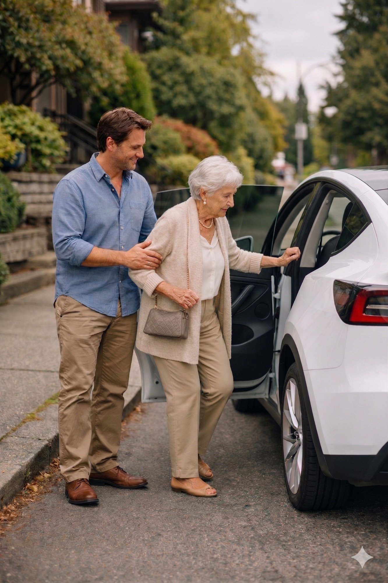Marcus helping Eleanor into a Tesla on a quiet Seattle street